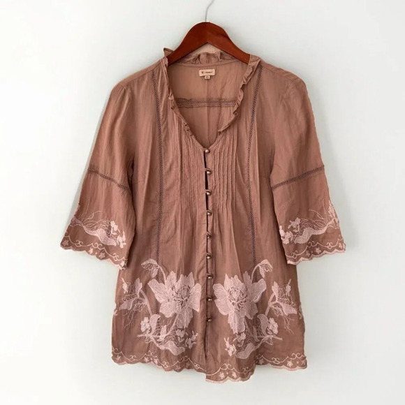 CREMIEUX Tan And BRONZE RUFFLE BLOUSE Size SMALL Button Front Detail - Picture 1 of 8